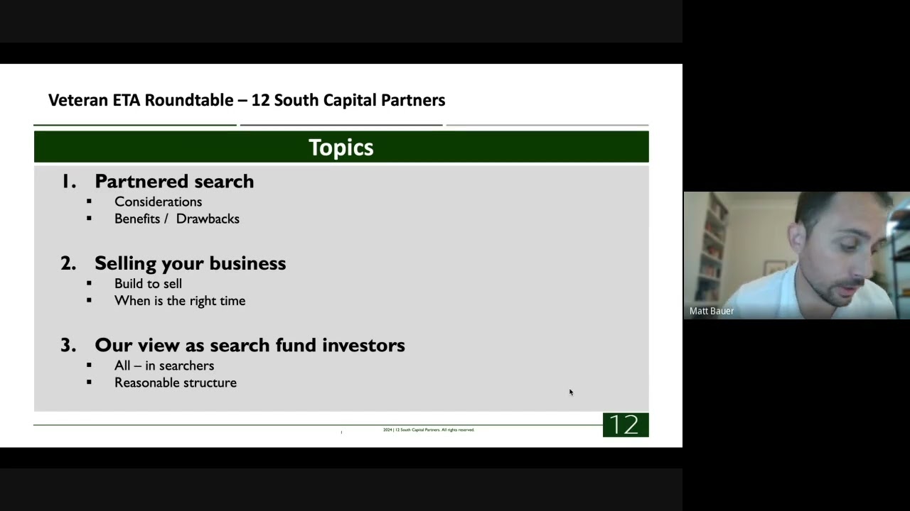 Session 11: Partnered self-funded search to a successful exit